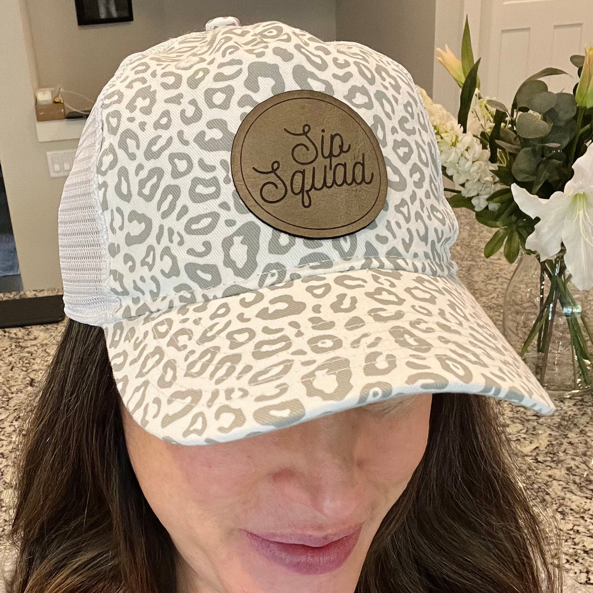Sip Squad Grey Leather Patch Adjustable Ladies Fit Hat